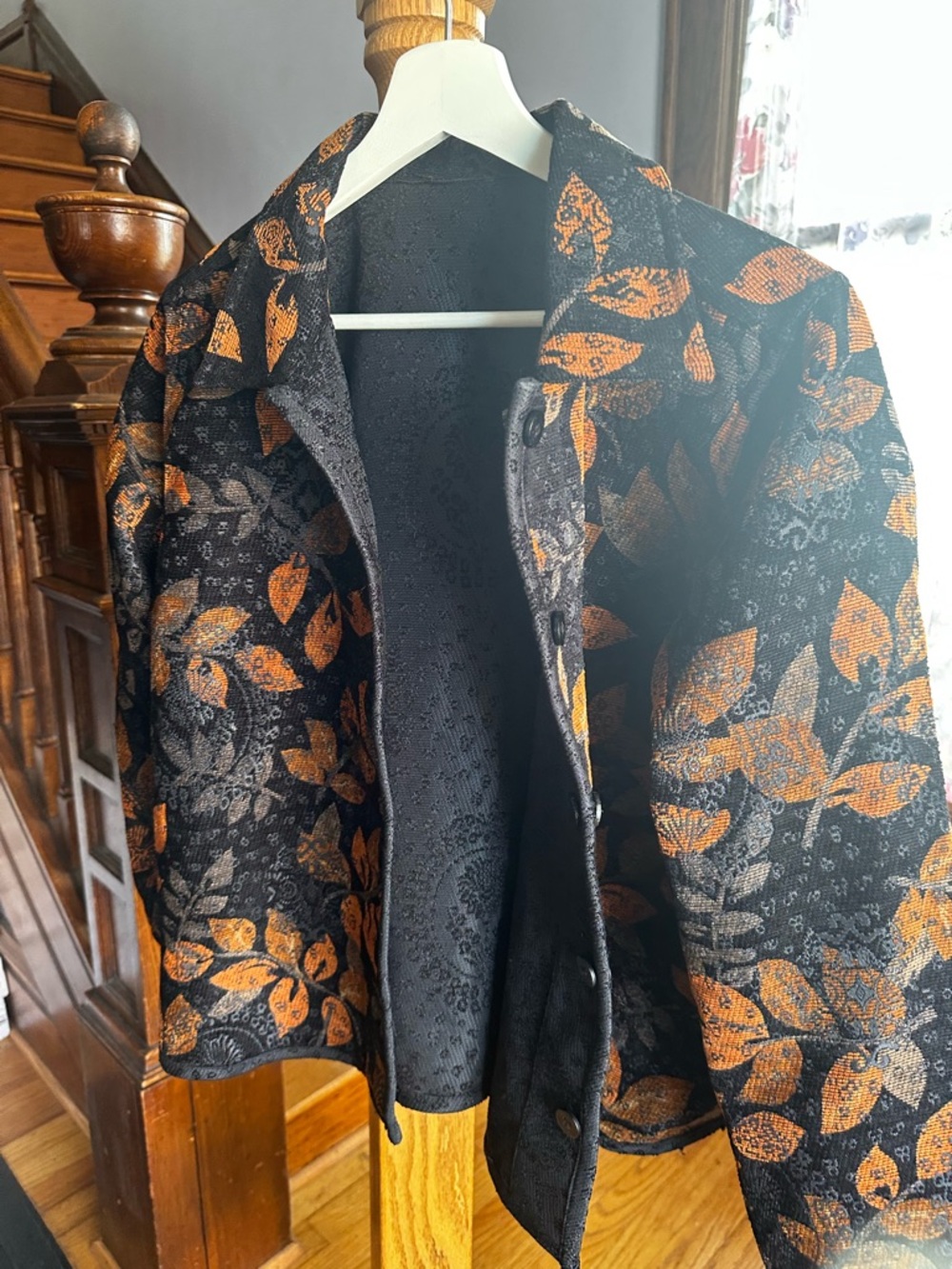 Women's Black & Orange Leaf Pattern Jacket